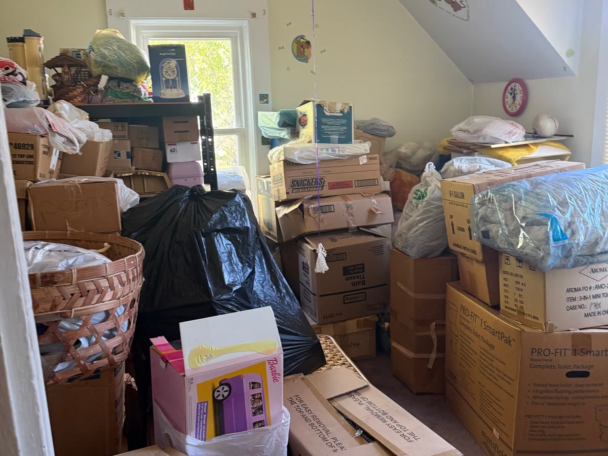 House in rough condition, room full of boxes
